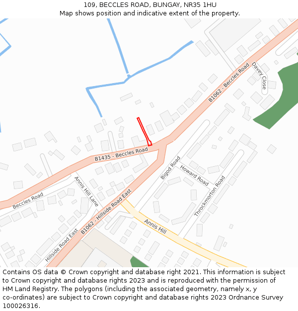 109, BECCLES ROAD, BUNGAY, NR35 1HU: Location map and indicative extent of plot