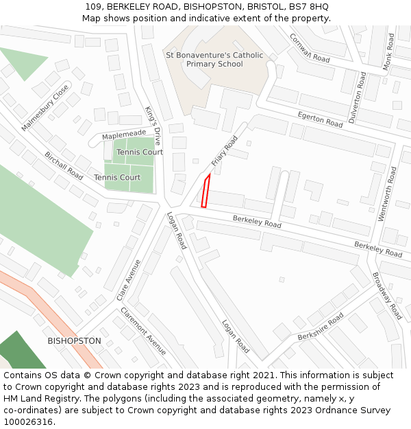109, BERKELEY ROAD, BISHOPSTON, BRISTOL, BS7 8HQ: Location map and indicative extent of plot