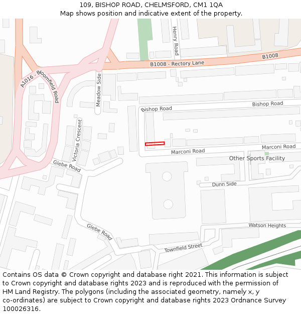 109, BISHOP ROAD, CHELMSFORD, CM1 1QA: Location map and indicative extent of plot