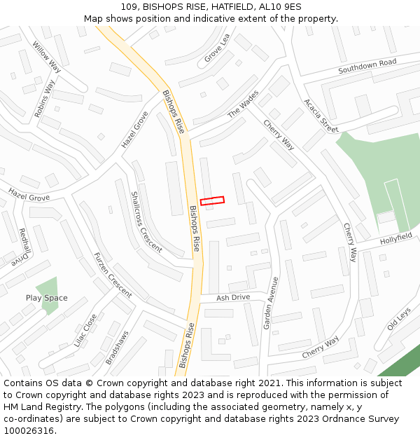 109, BISHOPS RISE, HATFIELD, AL10 9ES: Location map and indicative extent of plot
