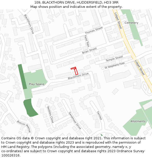 109, BLACKTHORN DRIVE, HUDDERSFIELD, HD3 3RR: Location map and indicative extent of plot