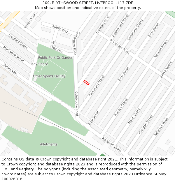 109, BLYTHSWOOD STREET, LIVERPOOL, L17 7DE: Location map and indicative extent of plot