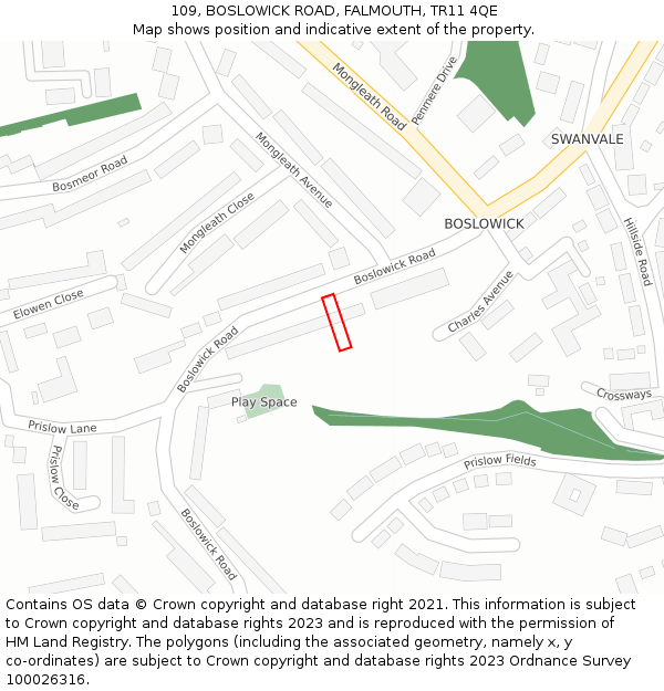 109, BOSLOWICK ROAD, FALMOUTH, TR11 4QE: Location map and indicative extent of plot