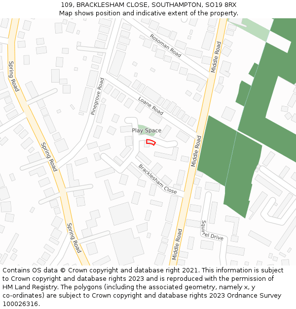 109, BRACKLESHAM CLOSE, SOUTHAMPTON, SO19 8RX: Location map and indicative extent of plot