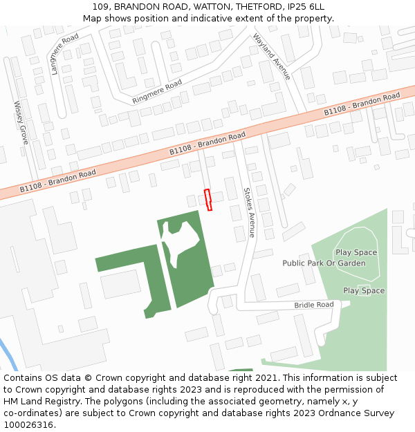109, BRANDON ROAD, WATTON, THETFORD, IP25 6LL: Location map and indicative extent of plot