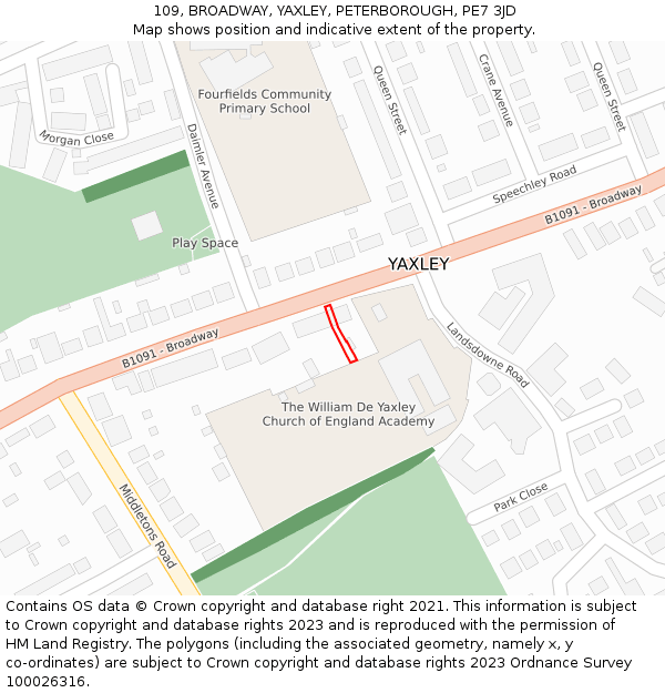 109, BROADWAY, YAXLEY, PETERBOROUGH, PE7 3JD: Location map and indicative extent of plot