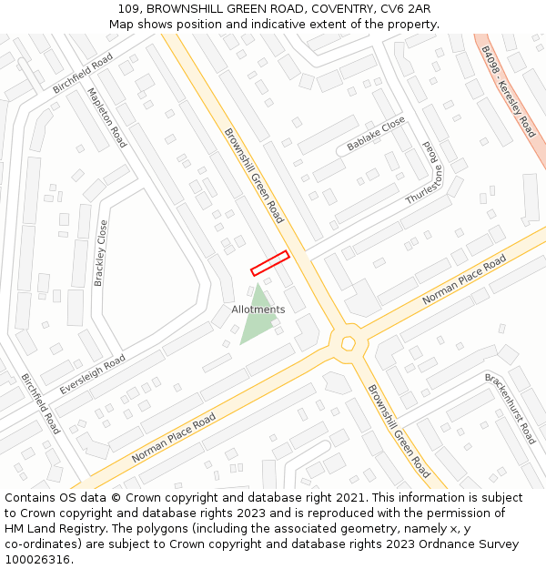109, BROWNSHILL GREEN ROAD, COVENTRY, CV6 2AR: Location map and indicative extent of plot