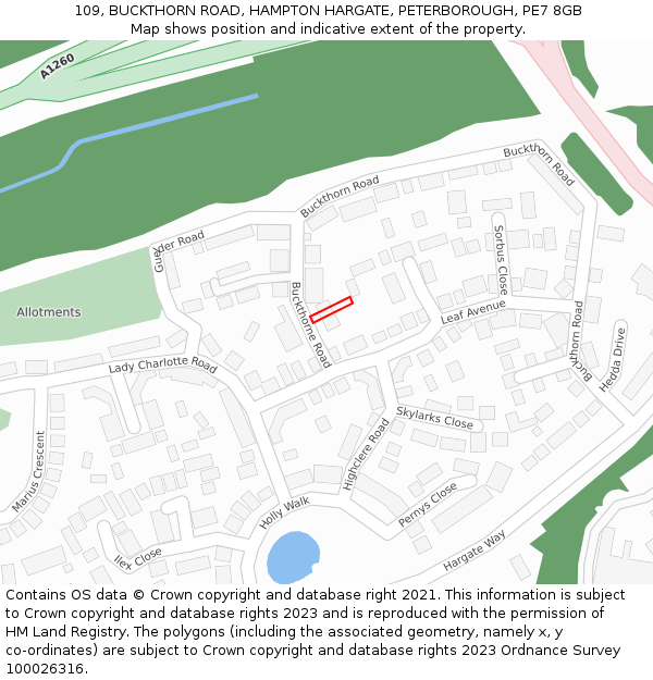 109, BUCKTHORN ROAD, HAMPTON HARGATE, PETERBOROUGH, PE7 8GB: Location map and indicative extent of plot