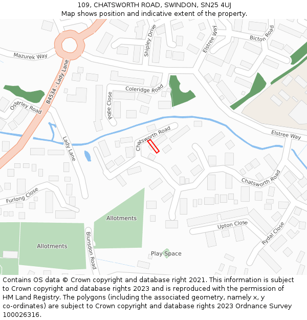 109, CHATSWORTH ROAD, SWINDON, SN25 4UJ: Location map and indicative extent of plot