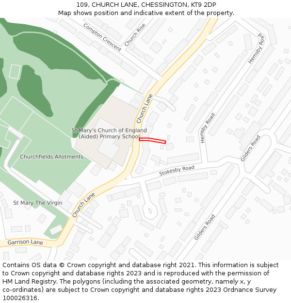 109, CHURCH LANE, CHESSINGTON, KT9 2DP: Location map and indicative extent of plot