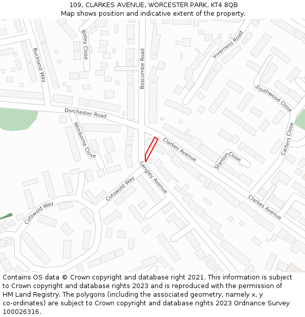 109, CLARKES AVENUE, WORCESTER PARK, KT4 8QB: Location map and indicative extent of plot