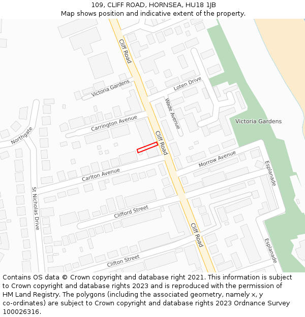 109, CLIFF ROAD, HORNSEA, HU18 1JB: Location map and indicative extent of plot