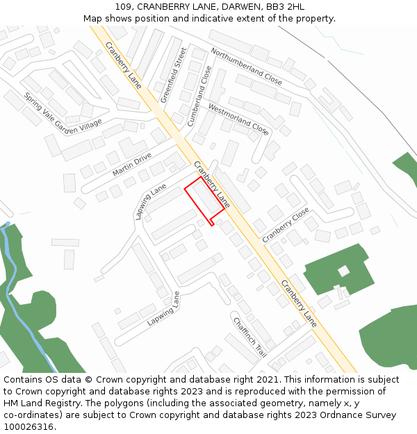 109, CRANBERRY LANE, DARWEN, BB3 2HL: Location map and indicative extent of plot