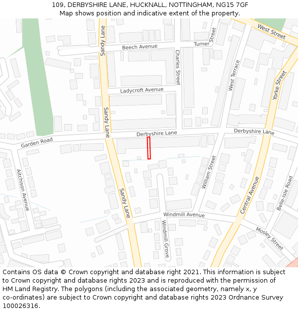 109, DERBYSHIRE LANE, HUCKNALL, NOTTINGHAM, NG15 7GF: Location map and indicative extent of plot