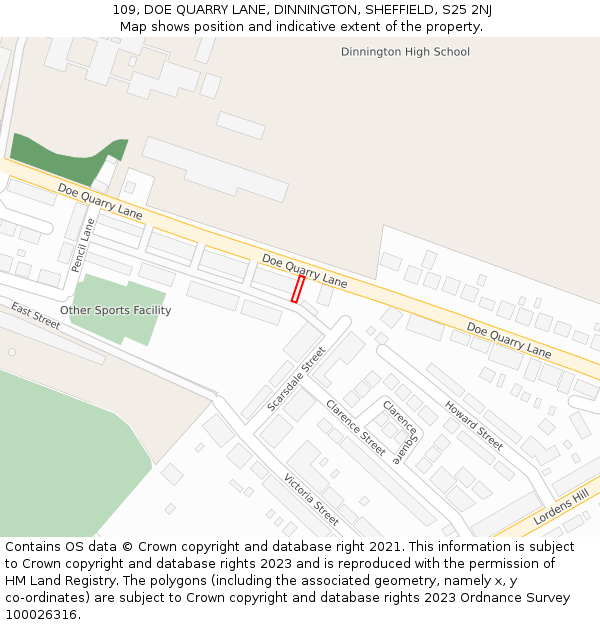 109, DOE QUARRY LANE, DINNINGTON, SHEFFIELD, S25 2NJ: Location map and indicative extent of plot