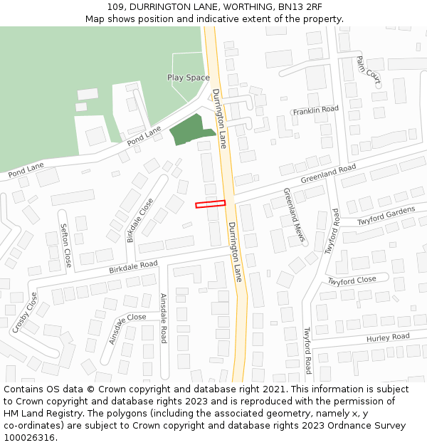 109, DURRINGTON LANE, WORTHING, BN13 2RF: Location map and indicative extent of plot