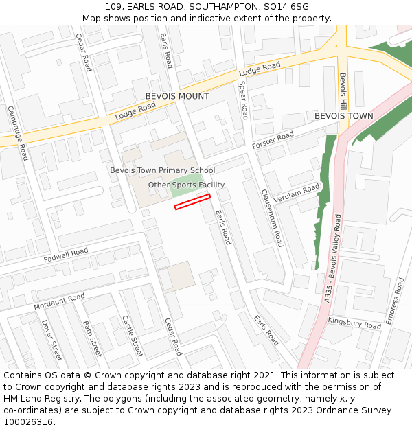 109, EARLS ROAD, SOUTHAMPTON, SO14 6SG: Location map and indicative extent of plot