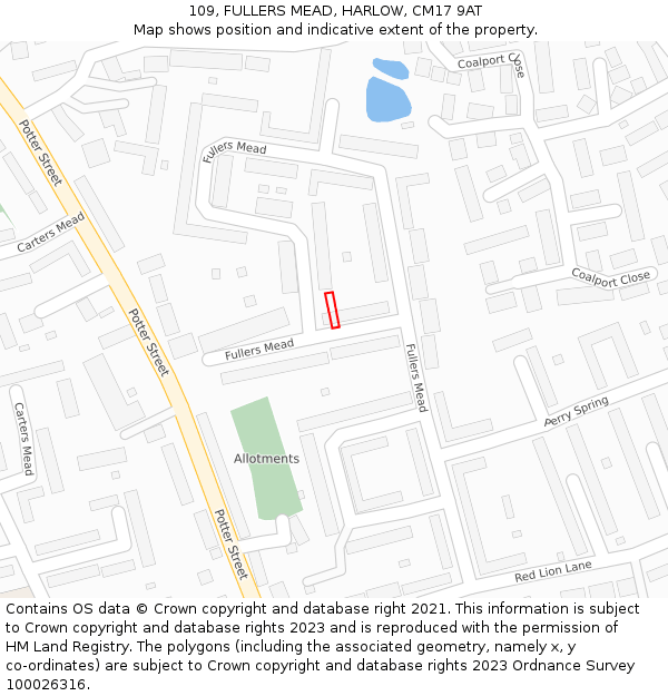 109, FULLERS MEAD, HARLOW, CM17 9AT: Location map and indicative extent of plot