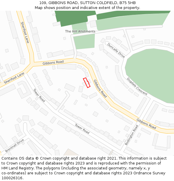 109, GIBBONS ROAD, SUTTON COLDFIELD, B75 5HB: Location map and indicative extent of plot