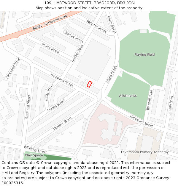 109, HAREWOOD STREET, BRADFORD, BD3 9DN: Location map and indicative extent of plot