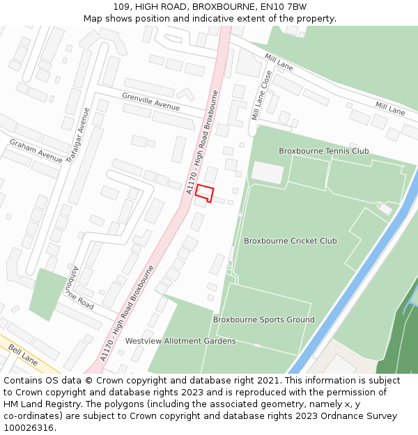 109, HIGH ROAD, BROXBOURNE, EN10 7BW: Location map and indicative extent of plot