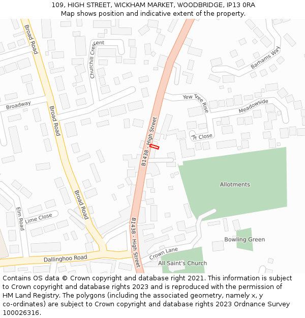 109, HIGH STREET, WICKHAM MARKET, WOODBRIDGE, IP13 0RA: Location map and indicative extent of plot