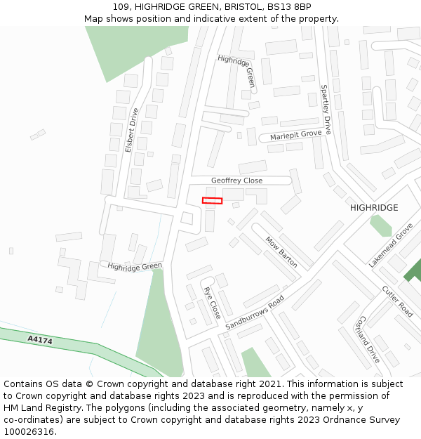 109, HIGHRIDGE GREEN, BRISTOL, BS13 8BP: Location map and indicative extent of plot
