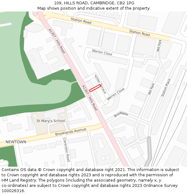 109, HILLS ROAD, CAMBRIDGE, CB2 1PG: Location map and indicative extent of plot
