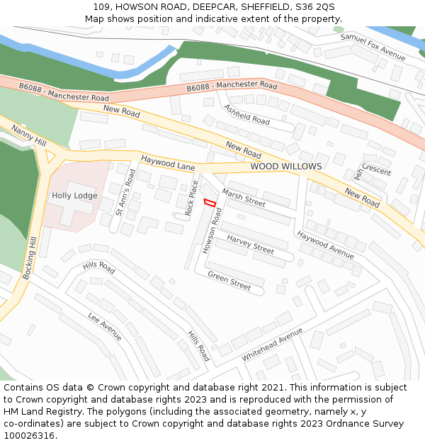 109, HOWSON ROAD, DEEPCAR, SHEFFIELD, S36 2QS: Location map and indicative extent of plot