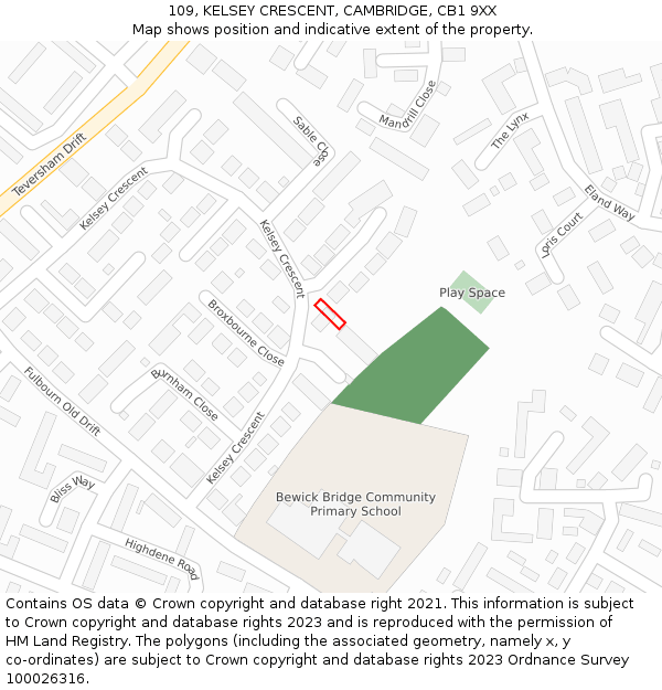 109, KELSEY CRESCENT, CAMBRIDGE, CB1 9XX: Location map and indicative extent of plot