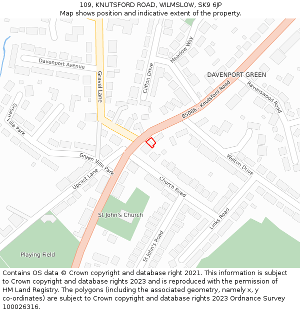 109, KNUTSFORD ROAD, WILMSLOW, SK9 6JP: Location map and indicative extent of plot