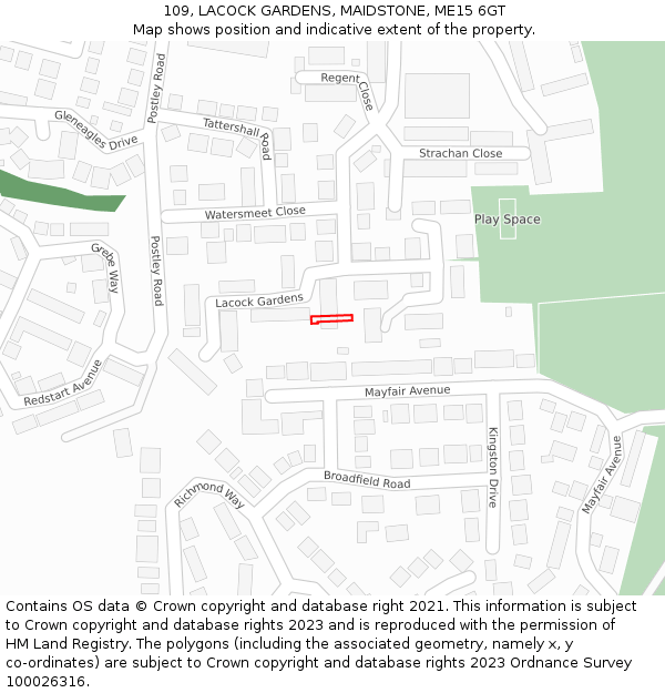 109, LACOCK GARDENS, MAIDSTONE, ME15 6GT: Location map and indicative extent of plot
