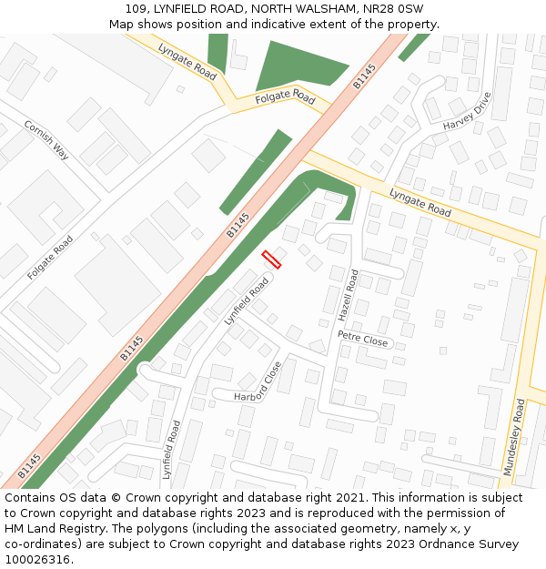 109, LYNFIELD ROAD, NORTH WALSHAM, NR28 0SW: Location map and indicative extent of plot