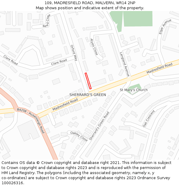 109, MADRESFIELD ROAD, MALVERN, WR14 2NP: Location map and indicative extent of plot