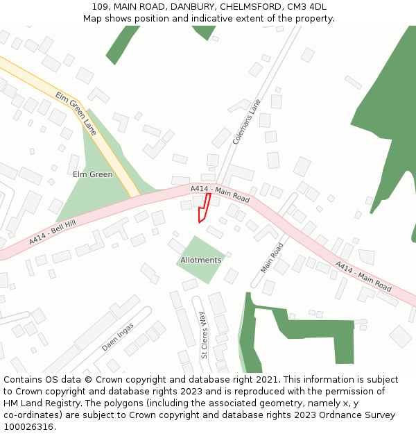 109, MAIN ROAD, DANBURY, CHELMSFORD, CM3 4DL: Location map and indicative extent of plot