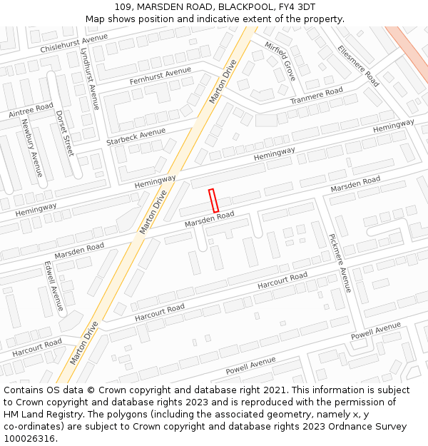 109, MARSDEN ROAD, BLACKPOOL, FY4 3DT: Location map and indicative extent of plot