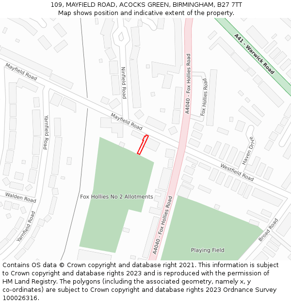 109, MAYFIELD ROAD, ACOCKS GREEN, BIRMINGHAM, B27 7TT: Location map and indicative extent of plot