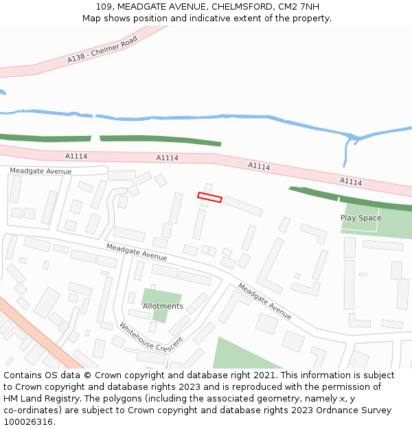109, MEADGATE AVENUE, CHELMSFORD, CM2 7NH: Location map and indicative extent of plot