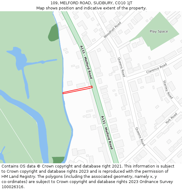 109, MELFORD ROAD, SUDBURY, CO10 1JT: Location map and indicative extent of plot