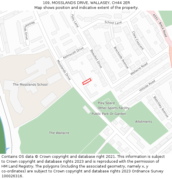 109, MOSSLANDS DRIVE, WALLASEY, CH44 2ER: Location map and indicative extent of plot