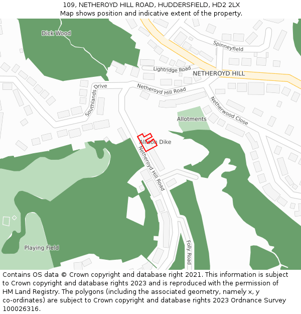 109, NETHEROYD HILL ROAD, HUDDERSFIELD, HD2 2LX: Location map and indicative extent of plot
