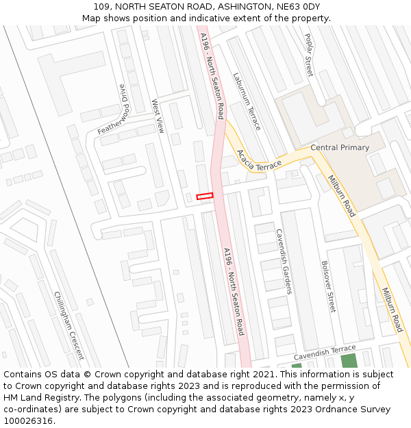 109, NORTH SEATON ROAD, ASHINGTON, NE63 0DY: Location map and indicative extent of plot