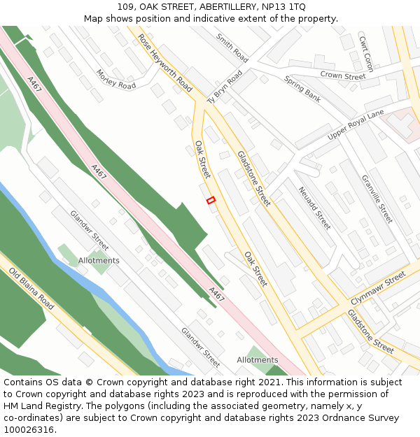 109, OAK STREET, ABERTILLERY, NP13 1TQ: Location map and indicative extent of plot