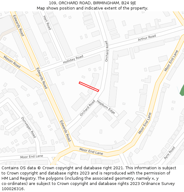 109, ORCHARD ROAD, BIRMINGHAM, B24 9JE: Location map and indicative extent of plot