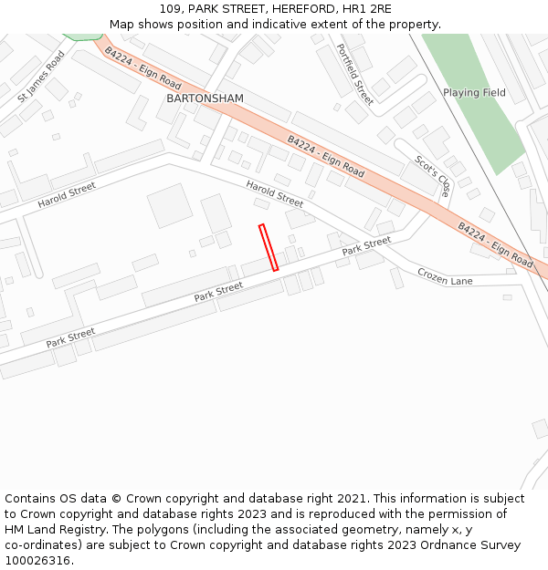109, PARK STREET, HEREFORD, HR1 2RE: Location map and indicative extent of plot