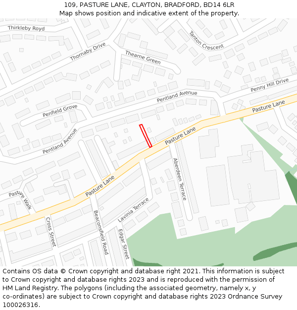 109, PASTURE LANE, CLAYTON, BRADFORD, BD14 6LR: Location map and indicative extent of plot