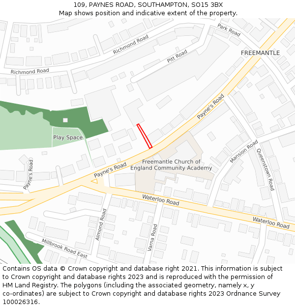109, PAYNES ROAD, SOUTHAMPTON, SO15 3BX: Location map and indicative extent of plot