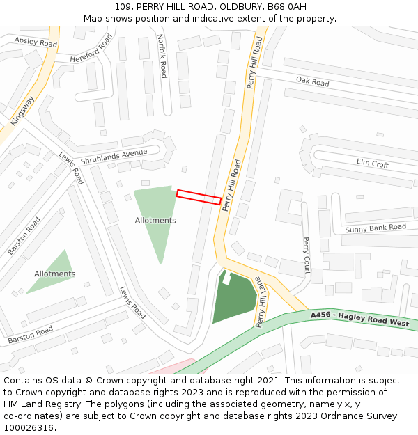 109, PERRY HILL ROAD, OLDBURY, B68 0AH: Location map and indicative extent of plot