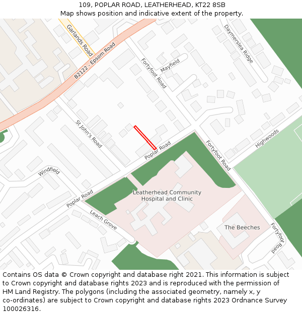 109, POPLAR ROAD, LEATHERHEAD, KT22 8SB: Location map and indicative extent of plot