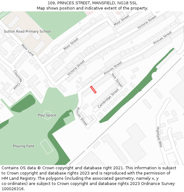 109, PRINCES STREET, MANSFIELD, NG18 5SL: Location map and indicative extent of plot